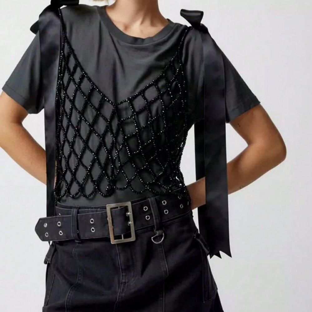 Black Elegant Women's V-Neck Beaded Camisole